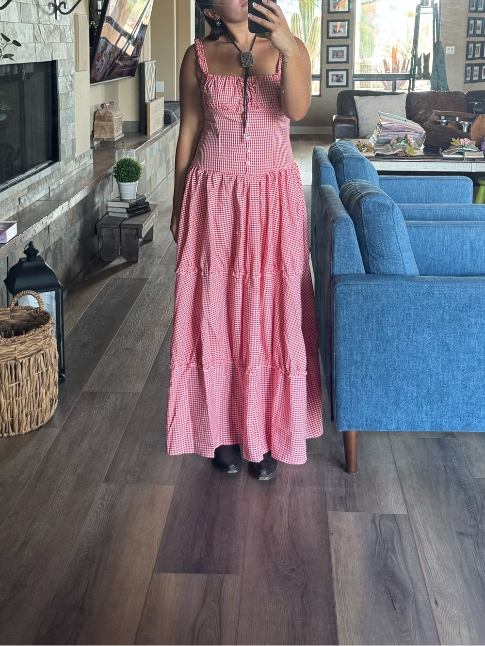 Amazon Red Gingham Tiered Maxi Dress